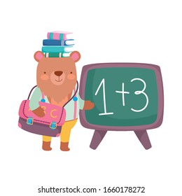 back to school, bear with books on chalkboard backpack cartoon vector illustration