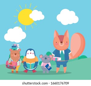 back to school, bear squirrel penguin koala with books bag outdoors vector illustration