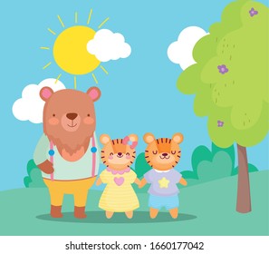 back to school, bear and tiger kids cartoon outdoor vector illustration