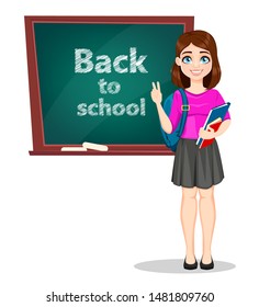 Back to school. Beautiful lady student stands near blackboard. Pretty lady cartoon character. Vector illustration