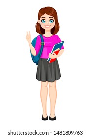 Back to school. Beautiful lady student holds books. Pretty lady cartoon character. Vector illustration