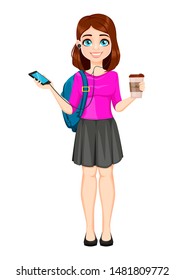 Back to school. Beautiful lady student holds coffee and smartphone. Pretty lady cartoon character. Vector illustration