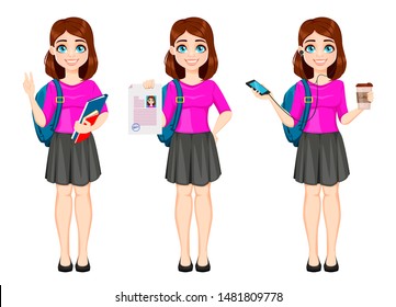 Back to school. Beautiful lady student, set of three poses. Pretty lady cartoon character. Vector illustration