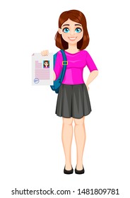 Back to school. Beautiful lady student holds signed document. Pretty lady cartoon character. Vector illustration