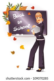 Back to school. The beautiful teacher with notebook. vector illustration