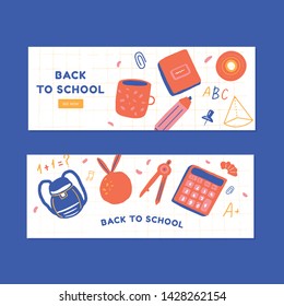 Back to school benners set. Cute doodle background. Colorful education concept
