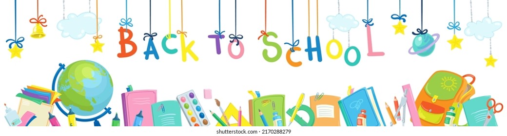 Back to school. Big decorative banner with school supplies, stars and lettering. In cartoon style. Isolated on white background. Vector illustration
