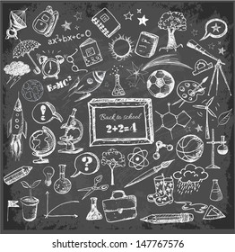 Back to school big doodles set on blackboard. Vector illustration. 