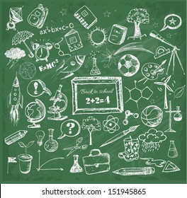 Back to school big doodles set on green chalkboard. Vector illustration. 