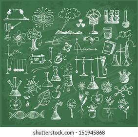 Back To School Big Doodles Set On Green Chalkboard. Physics, Chemistry, Biology. Hand Drawn With Ink. Vector Illustration. 