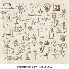 Back to school big doodles set. Physics, Chemistry, Biology. Hand drawn with ink. Vector illustration. 