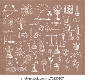Back to school big doodles set. Physics, Chemistry, Biology. Hand drawn on brown paper. Vector illustration. 
