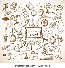 Back to school big doodles set in vintage style. Vector illustration. 