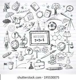 Back to school big doodles set on lined paper. Vector illustration. 