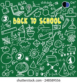 Back to school big doodles set isolated on green, cartoon vector illustration design elements