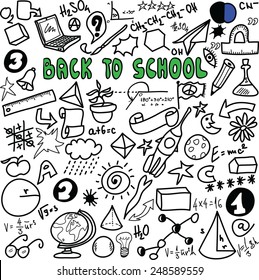 Back to school big doodles set isolated on white background, cartoon vector illustration design elements
