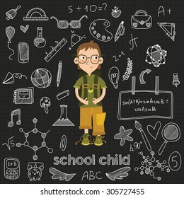 Back to school big doodles set in Hand drawn style. Vector illustration.Design Elements  Icon Set with rule, formula, beaker and more.