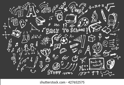 Back to school big doodles set on blackboard. Vector illustration.