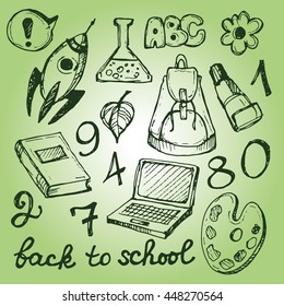 Back to school big doodles set. Hand drawn with ink. Vector illustration.Freehand drawing school items. Back to School. 