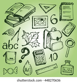 Back to school big doodles set. Hand drawn with ink. Vector illustration.Freehand drawing school items. Back to School. 