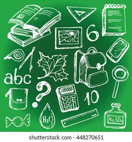 Back to school big doodles set. Hand drawn with ink. Vector illustration.Freehand drawing school items. Back to School. 