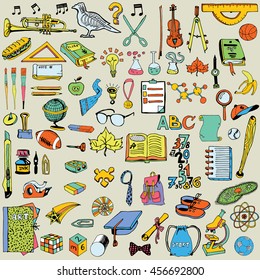 Back to School big doodles set. Hand drawn illustration on education them
