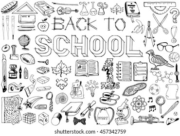 Back to School big doodles set. Hand drawn illustration on education them.