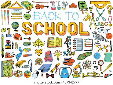 Back to School big doodles set. Hand drawn illustration on education them.