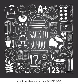 Back to school big doodles set. Welcome back to school. Doodles hand drawn design elements. 