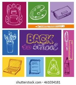 Back to school big doodles set. Hand drawn with ink. Vector illustration.Freehand drawing school items. Back to School. 