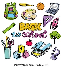 Back to school big doodles set. Hand drawn with ink. Vector illustration.Freehand drawing school items. Back to School. 