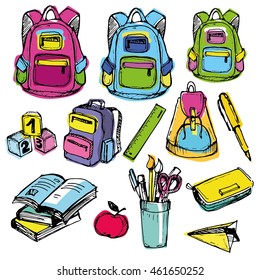 Back to school big doodles set. Hand drawn with ink. Vector illustration.Freehand drawing school items. Back to School. 