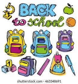 Back to school big doodles set. Hand drawn with ink. Vector illustration.Freehand drawing school items. Back to School. 