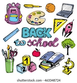 Back to school big doodles set. Hand drawn with ink. Vector illustration.Freehand drawing school items. Back to School. 