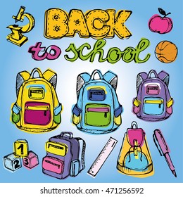 Back to school big doodles set. Hand drawn with ink. Vector illustration.Freehand drawing school items. Back to School. 