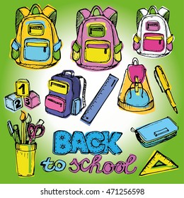 Back to school big doodles set. Hand drawn with ink. Vector illustration.Freehand drawing school items. Back to School. 