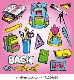 Back to school big doodles set. Hand drawn with ink. Vector illustration.Freehand drawing school items. Back to School. 