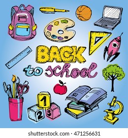 Back to school big doodles set. Hand drawn with ink. Vector illustration.Freehand drawing school items. Back to School. 