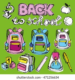 Back to school big doodles set. Hand drawn with ink. Vector illustration.Freehand drawing school items. Back to School. 
