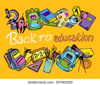 Back to school big doodles set. Hand drawn with ink. Vector illustration.Freehand drawing school items. Back to School. 