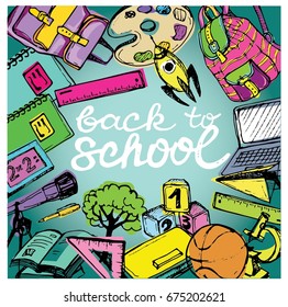Back to school big doodles set. Hand drawn with ink. Vector illustration.Freehand drawing school items. Back to School. 