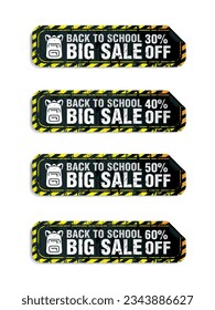 Back to school big sale 30%, 40%, 50%, 60% off discount, black grunge stickers set. Vector illustration