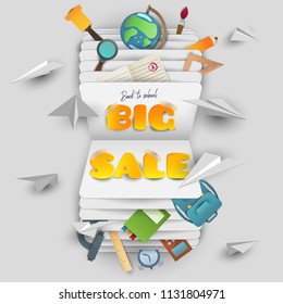 Back to school big sale banner in paper cut cartoon trendy craft style. Modern origami teaching, education and learning symbol design. Concept background with open book. Vector illustration.
