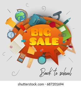 Back to school big sale banner. Paper cut cartoon polygonal trendy craft style. Modern origami teaching, education and learning symbol design. Background for poster, banner. Vector illustration.