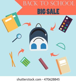 Back to school big sale banners set with backpack and flying school supplies, special offer, vector illustration.