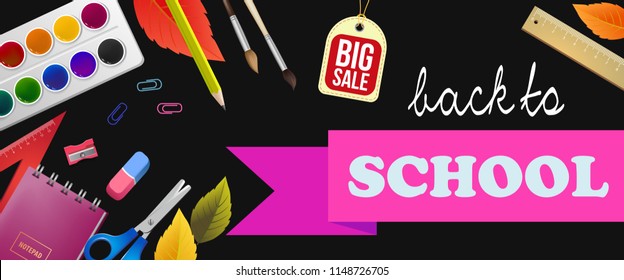 Back to school, big sale lettering with autumn leaves and supplies. Offer or sale advertising design. Handwritten and typed text, calligraphy. For leaflets, brochures, invitations, posters or banners.