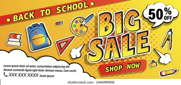 Back to school big sale promotion banner, shop now offer with halftone. Half price discount card with school equipment, backpack, books. Template for promo, flyers, posters. Vector illustration.