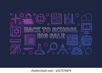 Back to School Big Sale vector colorful linear horizontal illustration or banner on dark background
