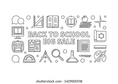 Back to School Big Sale vector simple concept outline horizontal illustration or banner