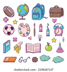 Back to School. Big set of bright colorful doodles pictures, supplies. Isolated on white background